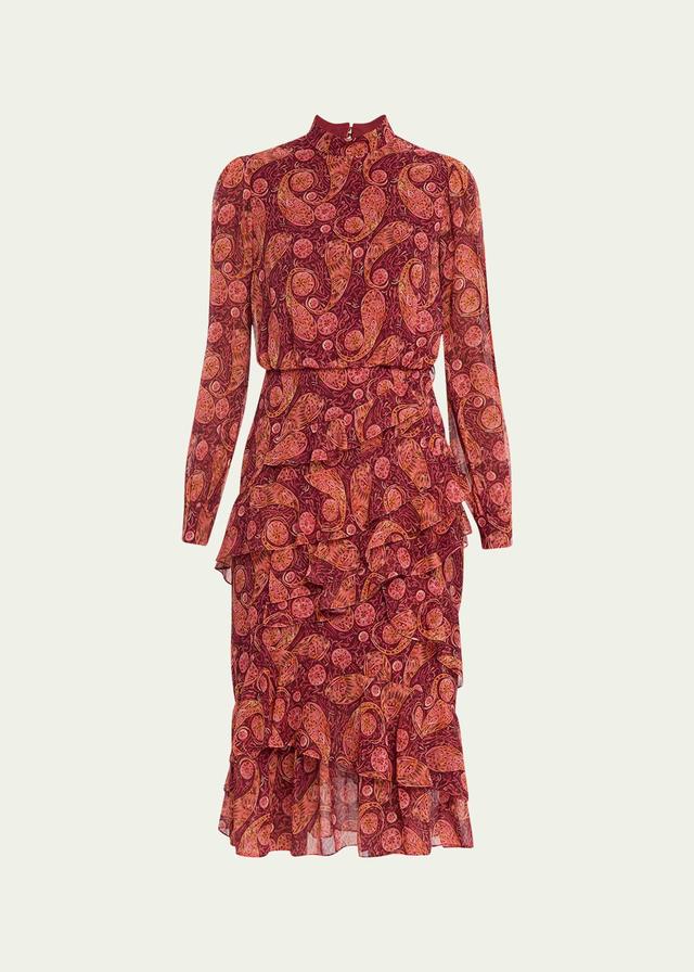 Womens Isa Ruffled Printed Silk Midi-Dress Product Image