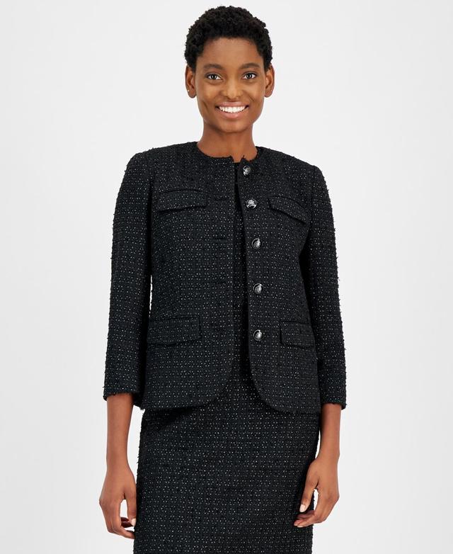 Anne Klein Womens Tweed 3/4-Sleeve Button-Front Blazer Product Image