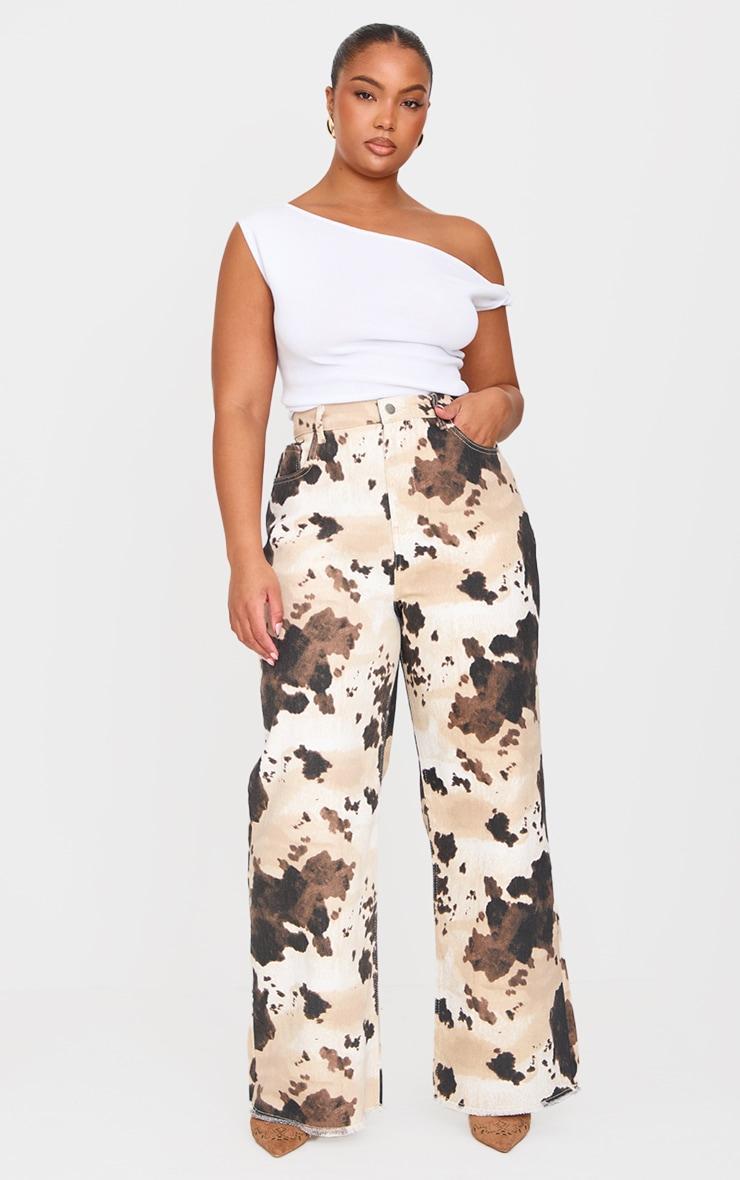 Plus Brown Cow Print Denim Wide Leg Jeans Product Image