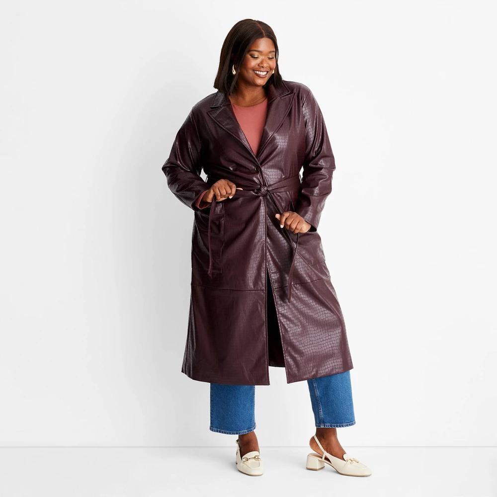 Women's Faux Croc Trench Coat - A New Day™ Burgundy XL Product Image