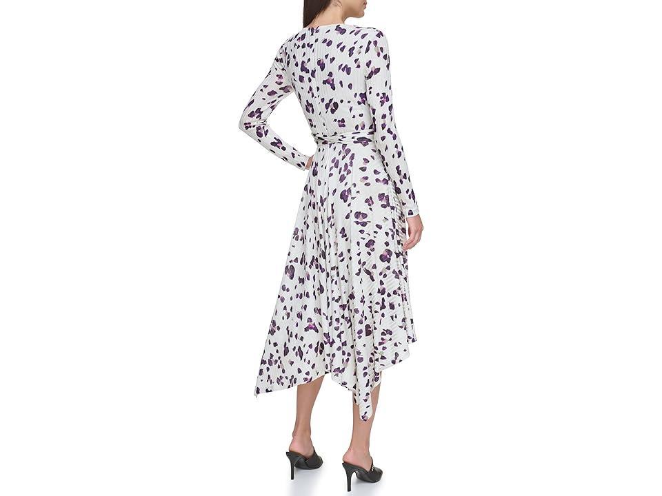 DKNY Long Sleeve Print V-Neck Wrap Dress (Pebble/Black ) Women's Clothing Product Image