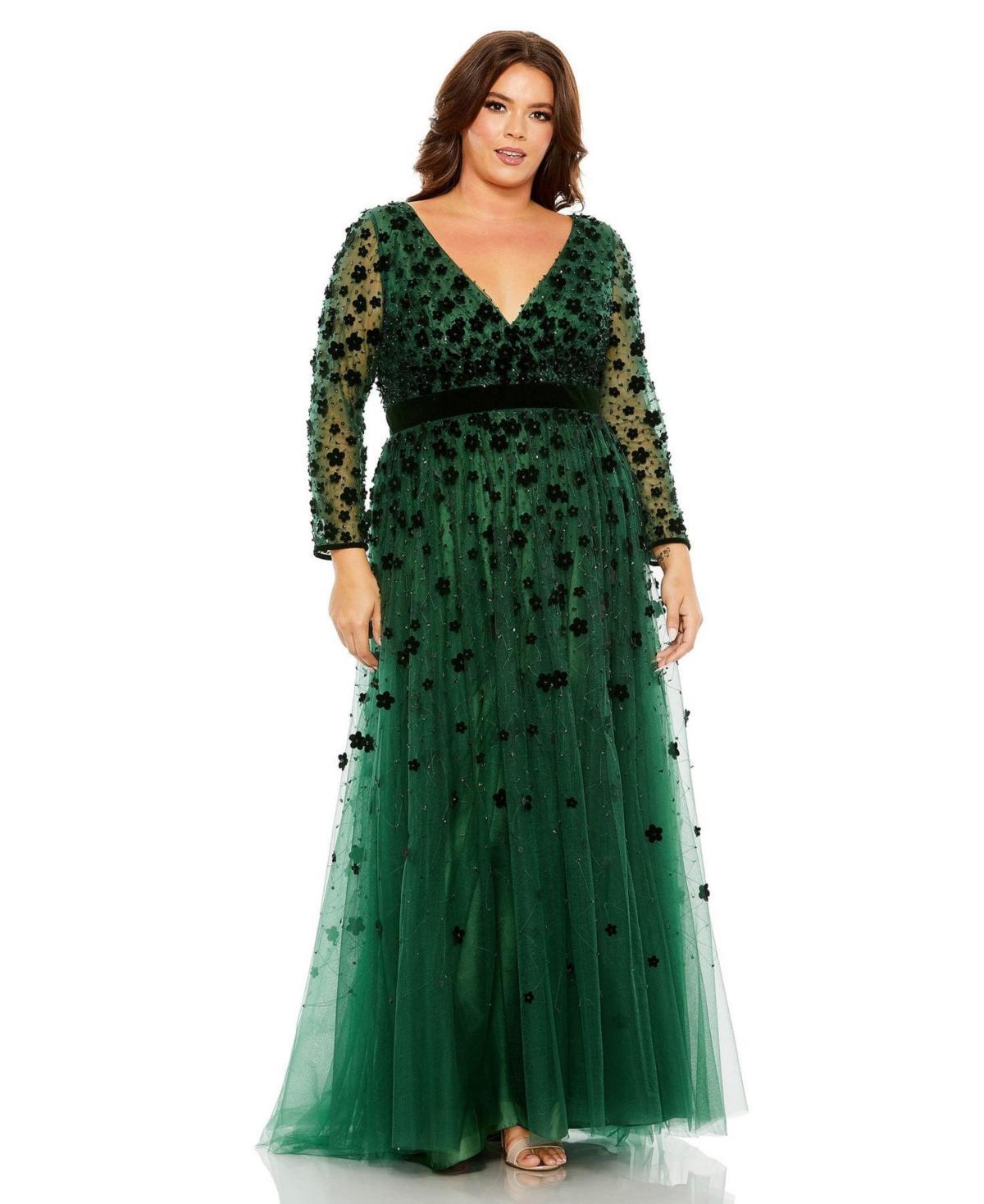 Mac Duggal Womens Floral Applique Long Sleeve A Line Gown Product Image