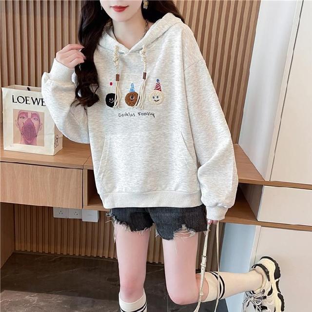 Cartoon Embroidered Drawstring Hoodie Product Image