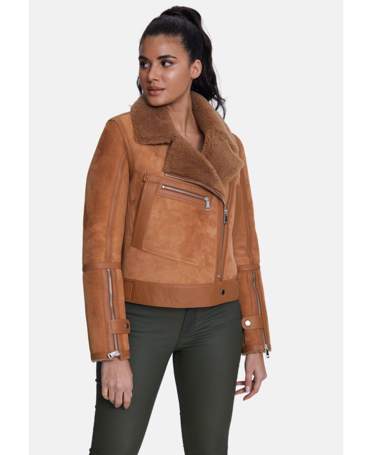 Furniq Uk Womens Elegant Suede Jacket, Suede Brick With Camel Curly Wool Product Image