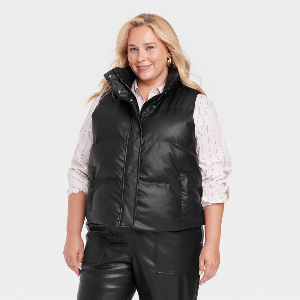 Womens Faux Leather Puffer Vest - A New Day Black 1X Product Image