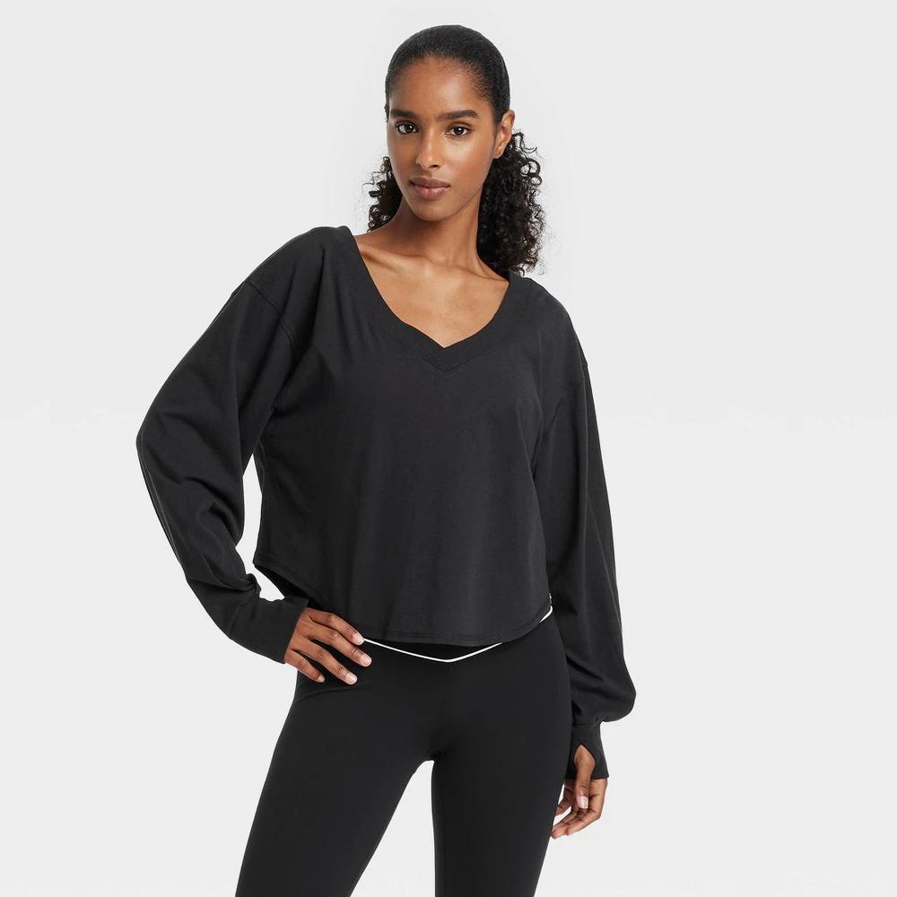 Womens V-Neck Long Sleeve Top - JoyLab Black Product Image