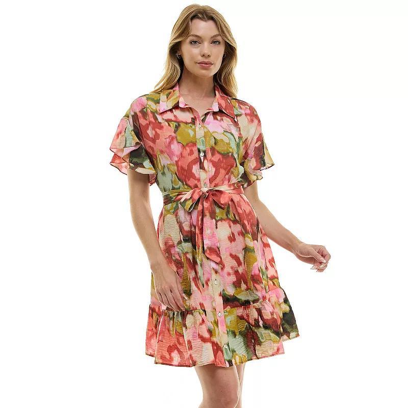 Womens Luxology Button Front Tie-Waist Dress Peach Green Pink Product Image