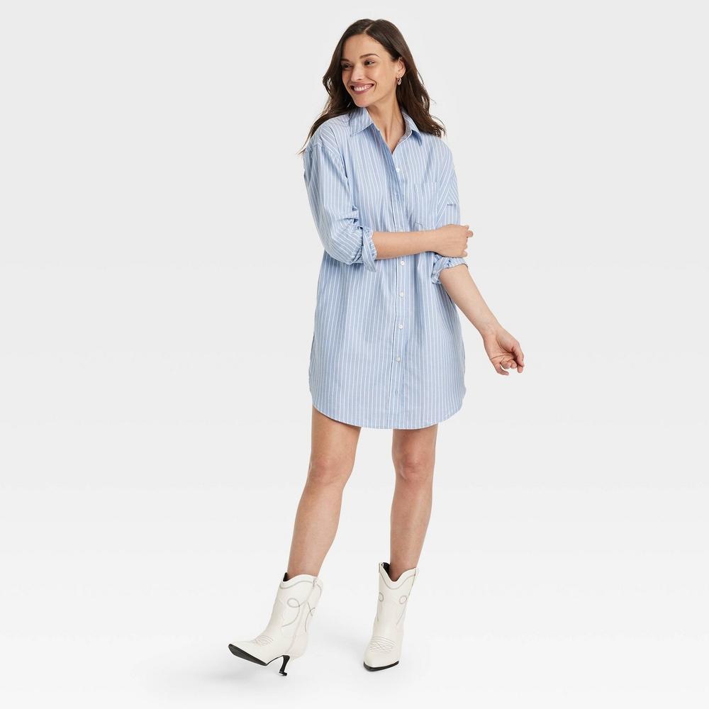 Women's Long Sleeve Mini Shirtdress - Universal Thread™ Blue Striped XS Product Image