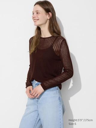 Womens Lace Crew Neck Sweater Dark Brown XL UNIQLO US Product Image