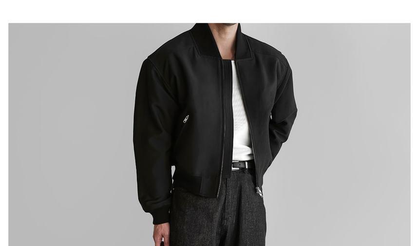 Collared Plain Zip Cropped Bomber Jacket Product Image