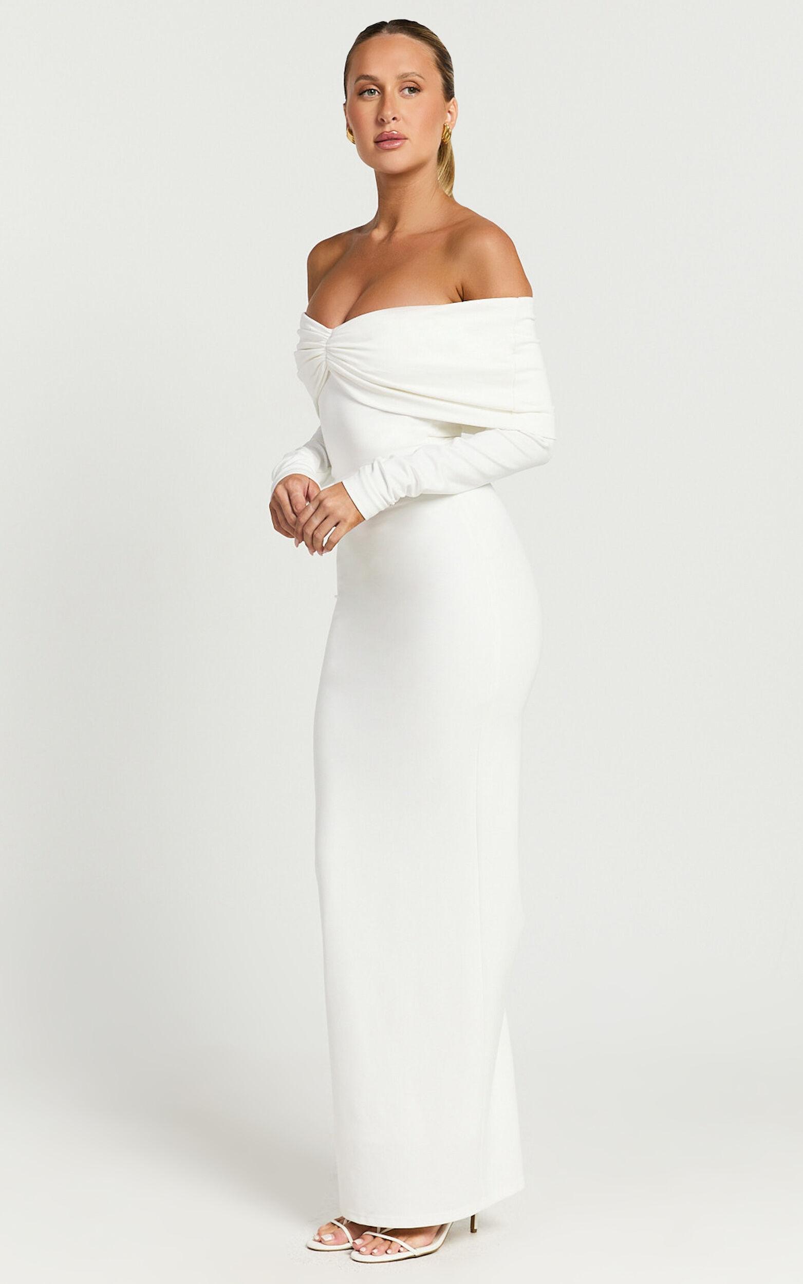 Rani Midi Dress - Off Shoulder Long Sleeve Bodycon Dress in Off White Product Image