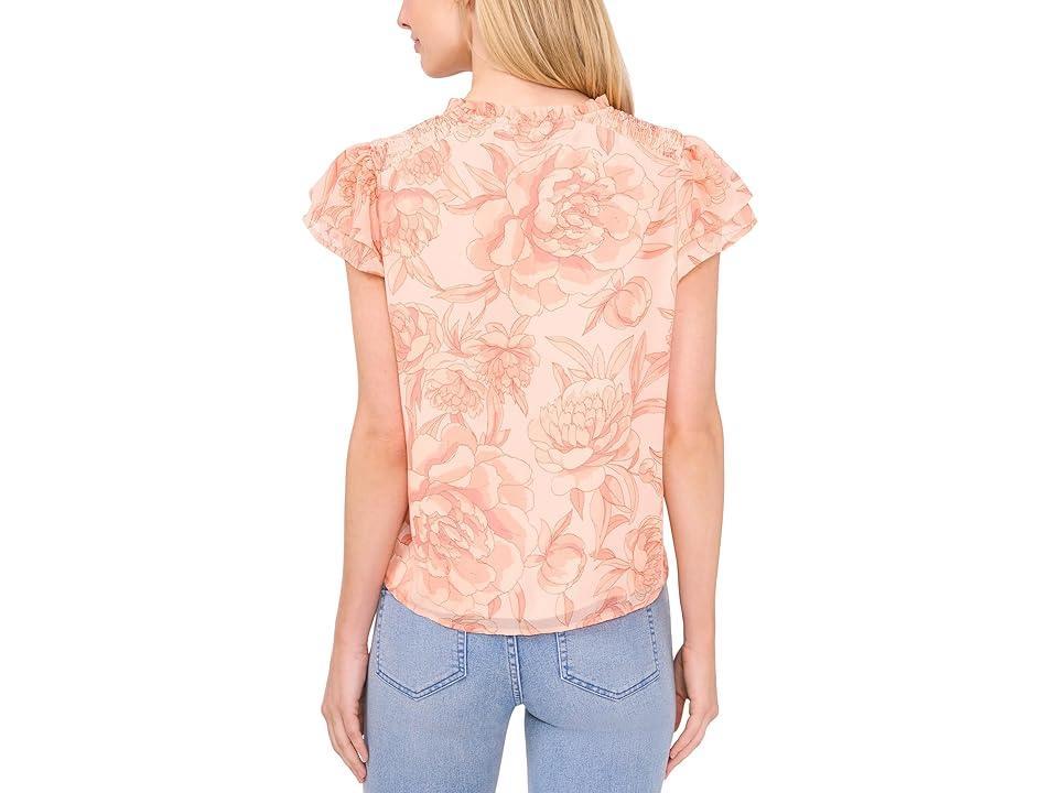 CeCe Printed Tie Neck Smocked Shoulder Blouse (Sweet Rose) Women's Clothing Product Image