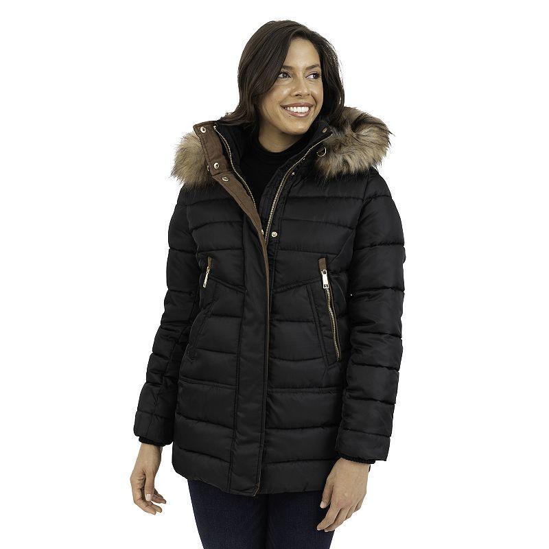 Womens Nine West Faux Fur Trimmed Hooded Puffer Coat Product Image