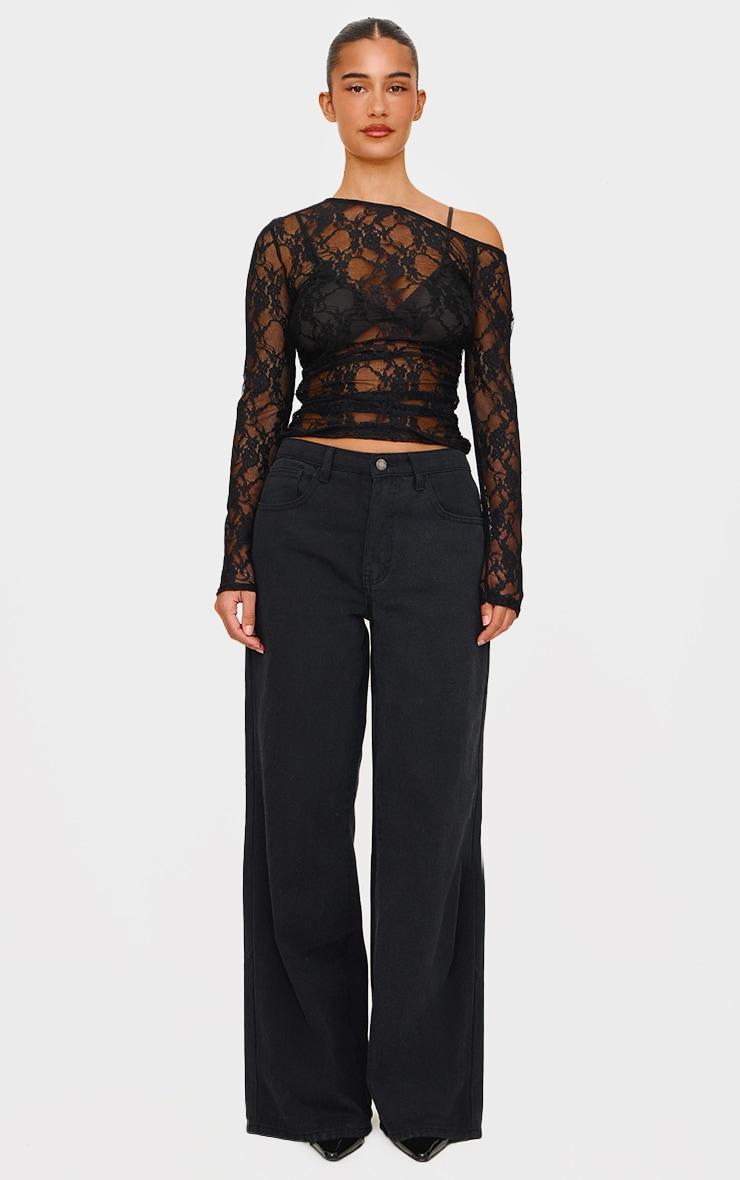 Black Lace Asymmetric Shoulder Long Sleeve Top Product Image