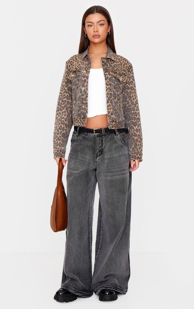 Brown Leopard Print Denim Jacket Product Image