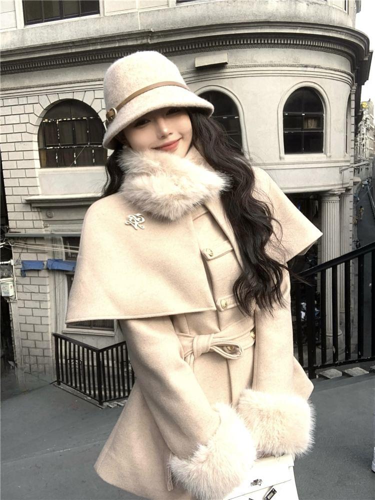 Detachable Cape-Sleeve Furry-Trim Wool Coat with Sash Product Image