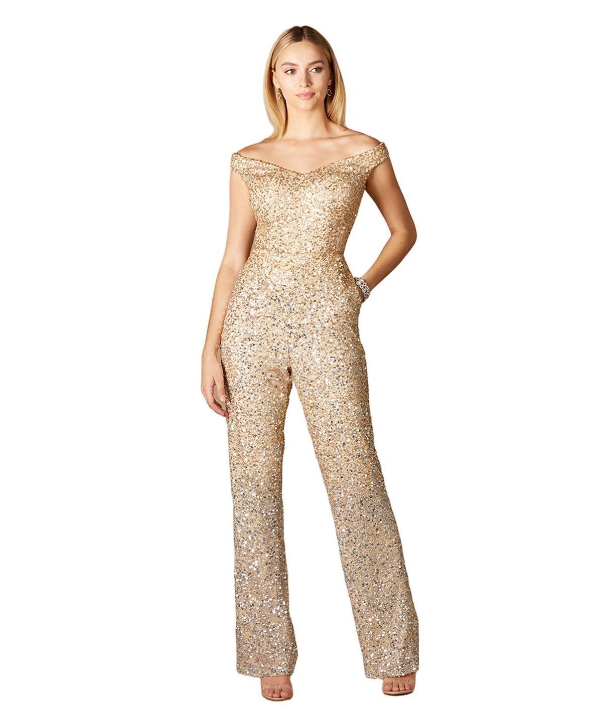 Womens Lara Beaded Bridal Off Shoulder Jumpsuit - Gold Product Image