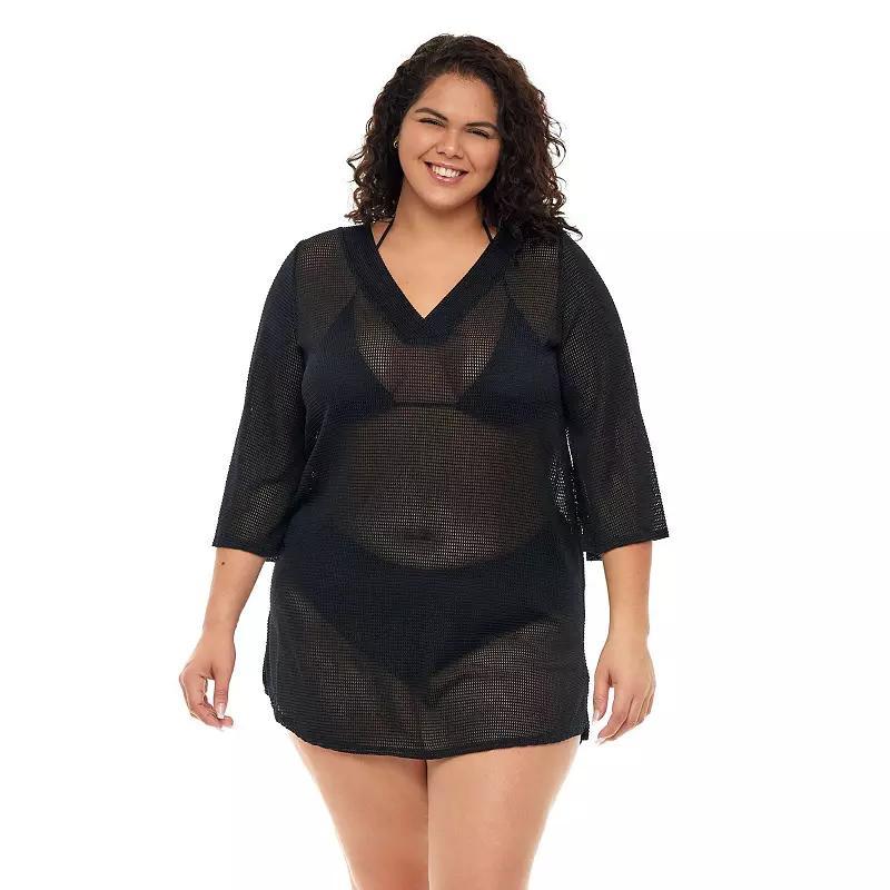 Plus Size Jordan Taylor Bell-Sleeve Sheer Swim Cover-Up Tunic, Womens Black Product Image