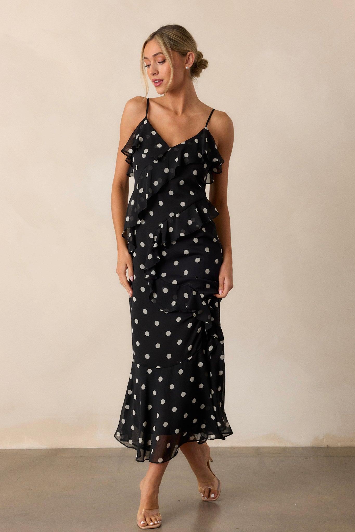 Mystic Moon Black Polka Dot Ruffle Maxi Dress Product Image