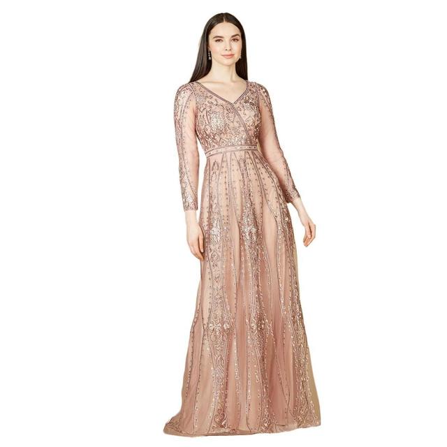 Womens Long Bell Sleeve V-Neck Beaded Gown Product Image