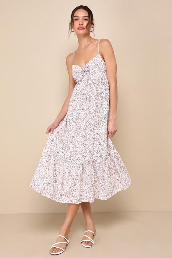 Decidedly Adorable Ivory Floral Tie-Front Tiered Midi Dress Product Image