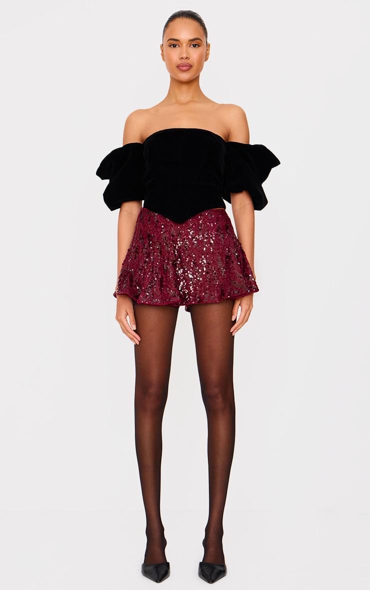 Burgundy Premium Extreme Sequin Pleated Skater Skirt Product Image