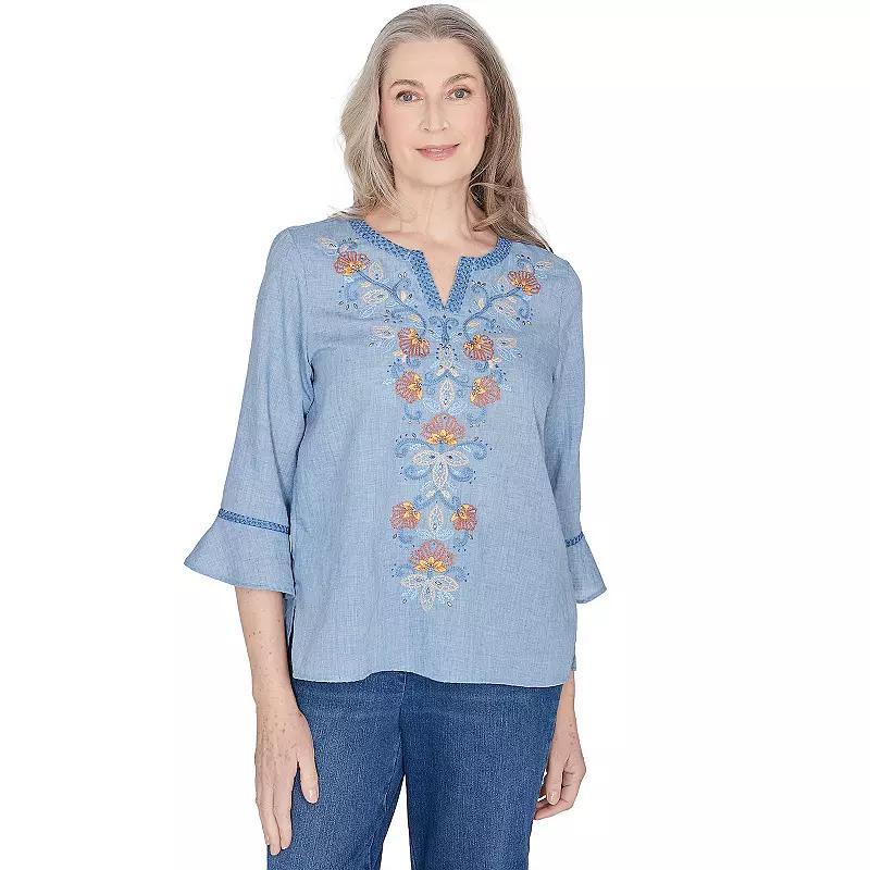 Womens Alfred Dunner Floral Embroidered Front Bell Sleeve Top Blue Product Image