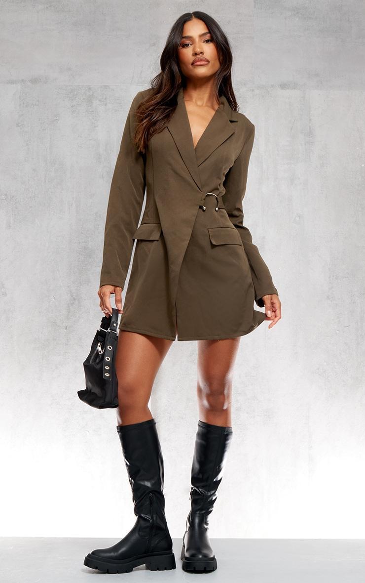 Dark Khaki Ring Detail Wrap Blazer Dress Product Image