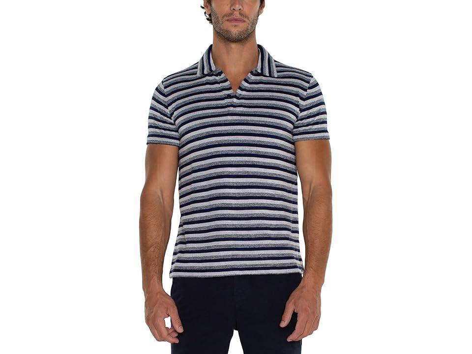 Liverpool Los Angeles French Terry Short Sleeve Polo (Navy White Melange Stripe) Men's Short Sleeve Knit Product Image