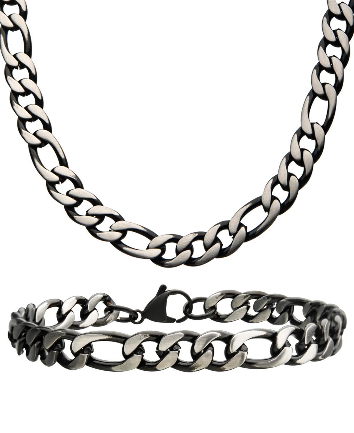 Mens Stainless Steel Figaro Chain Necklace & Bracelet Set, Silver Product Image