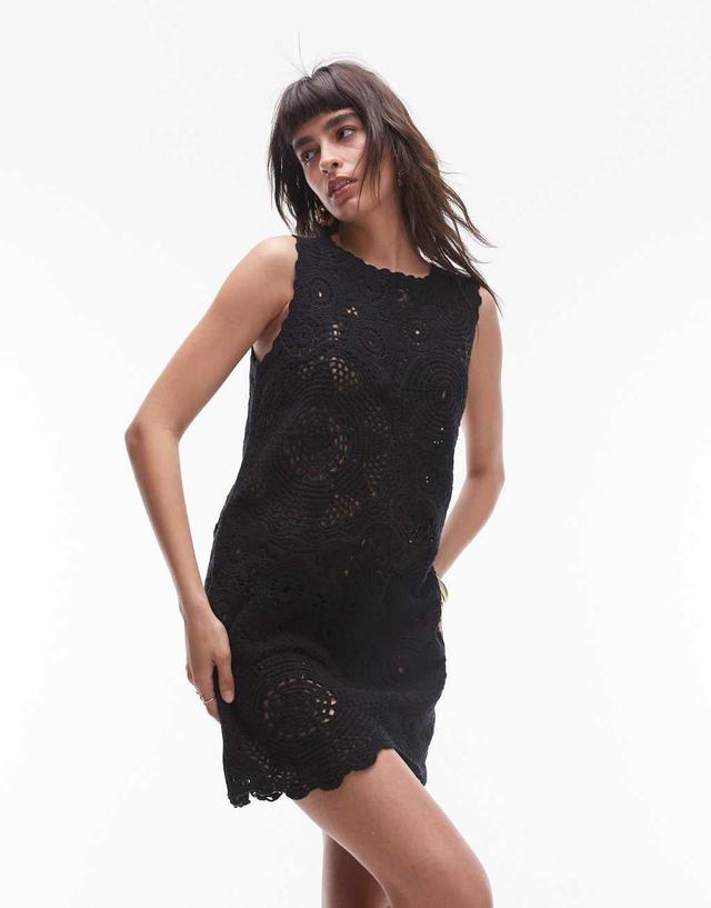 Topshop knit premium crochet mini dress in black Product Image