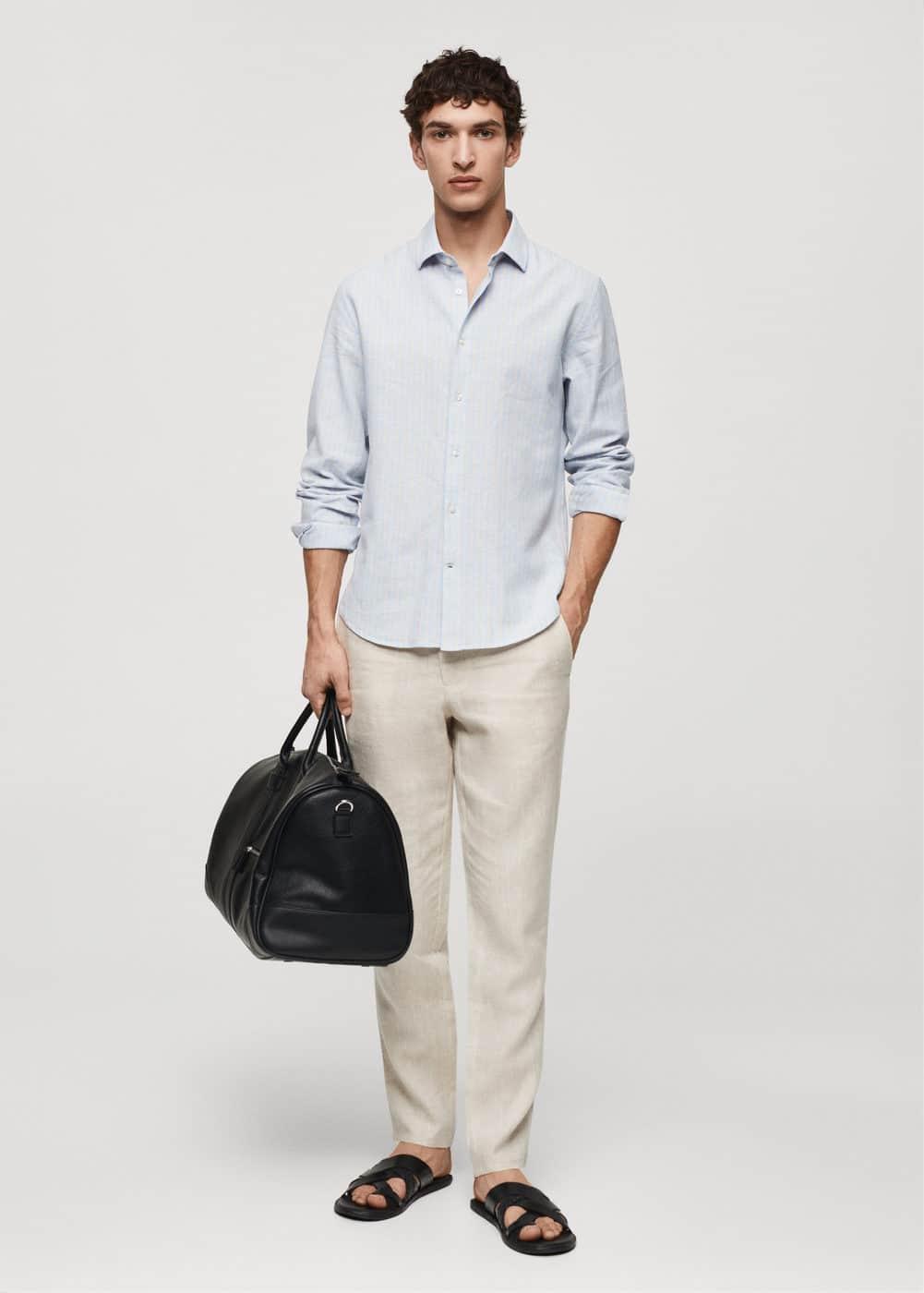 MANGO MAN - Regular-fit striped linen shirt beigeMen Product Image