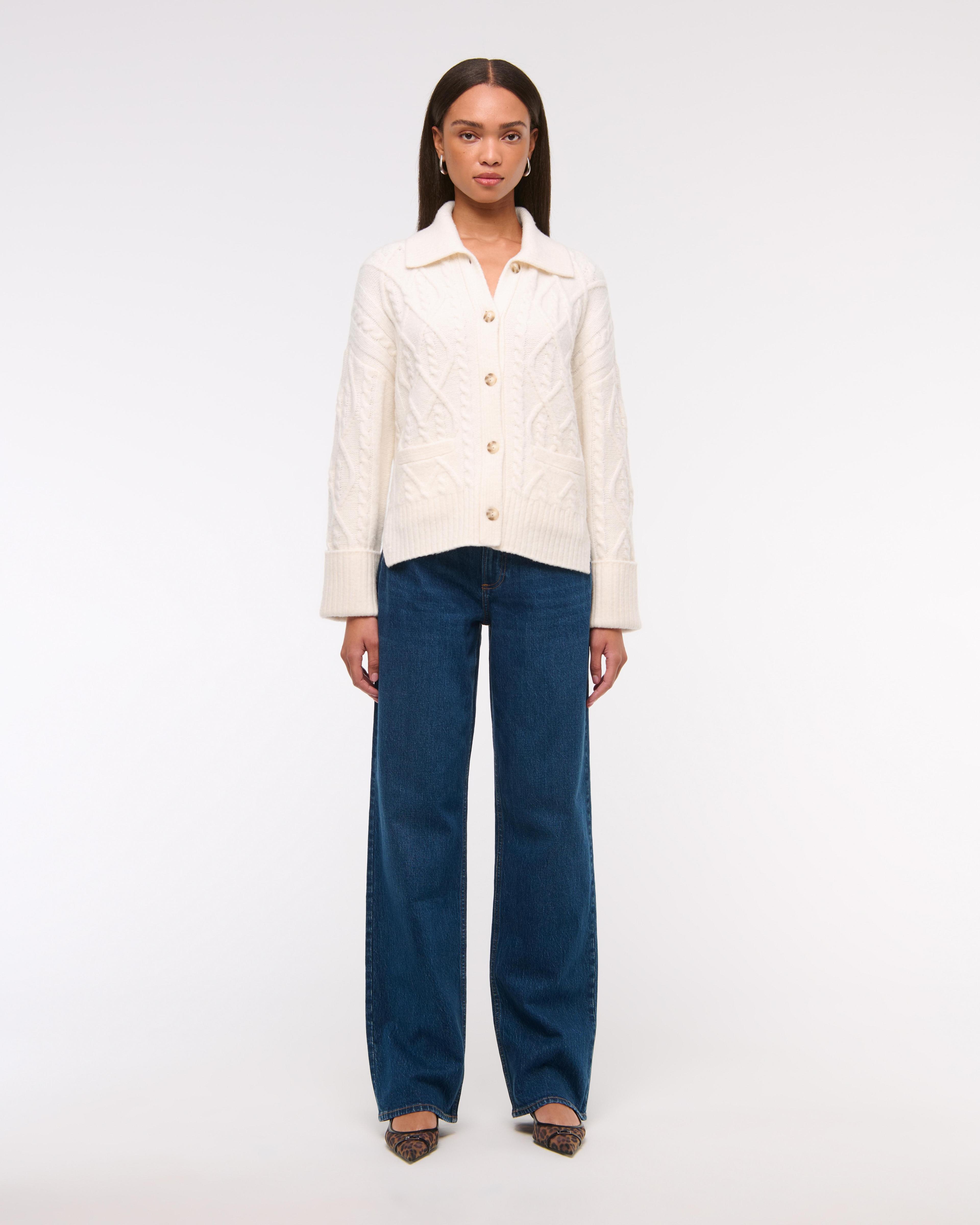 Cable-Knit Collared Cardigan Product Image