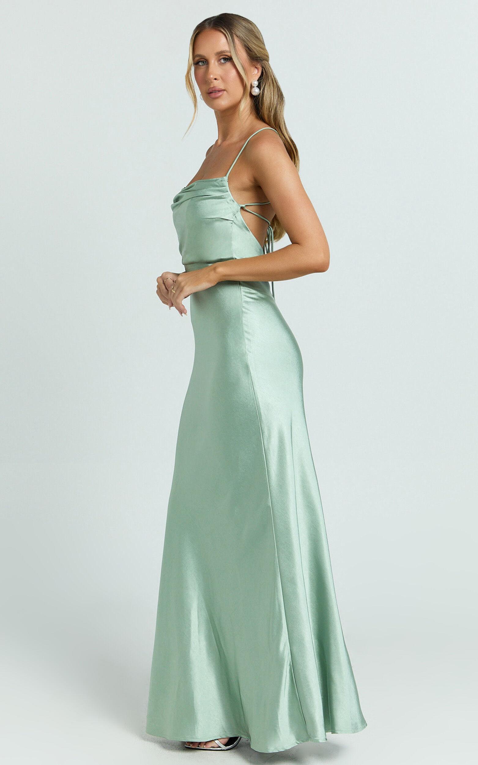 Hanna Maxi Dress - Satin Cowl Neck Low Back Dress in Sage Product Image