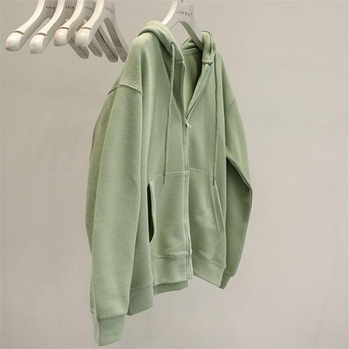 Drawstring Drop Shoulder Plain Zip Up Oversized Hoodie Product Image