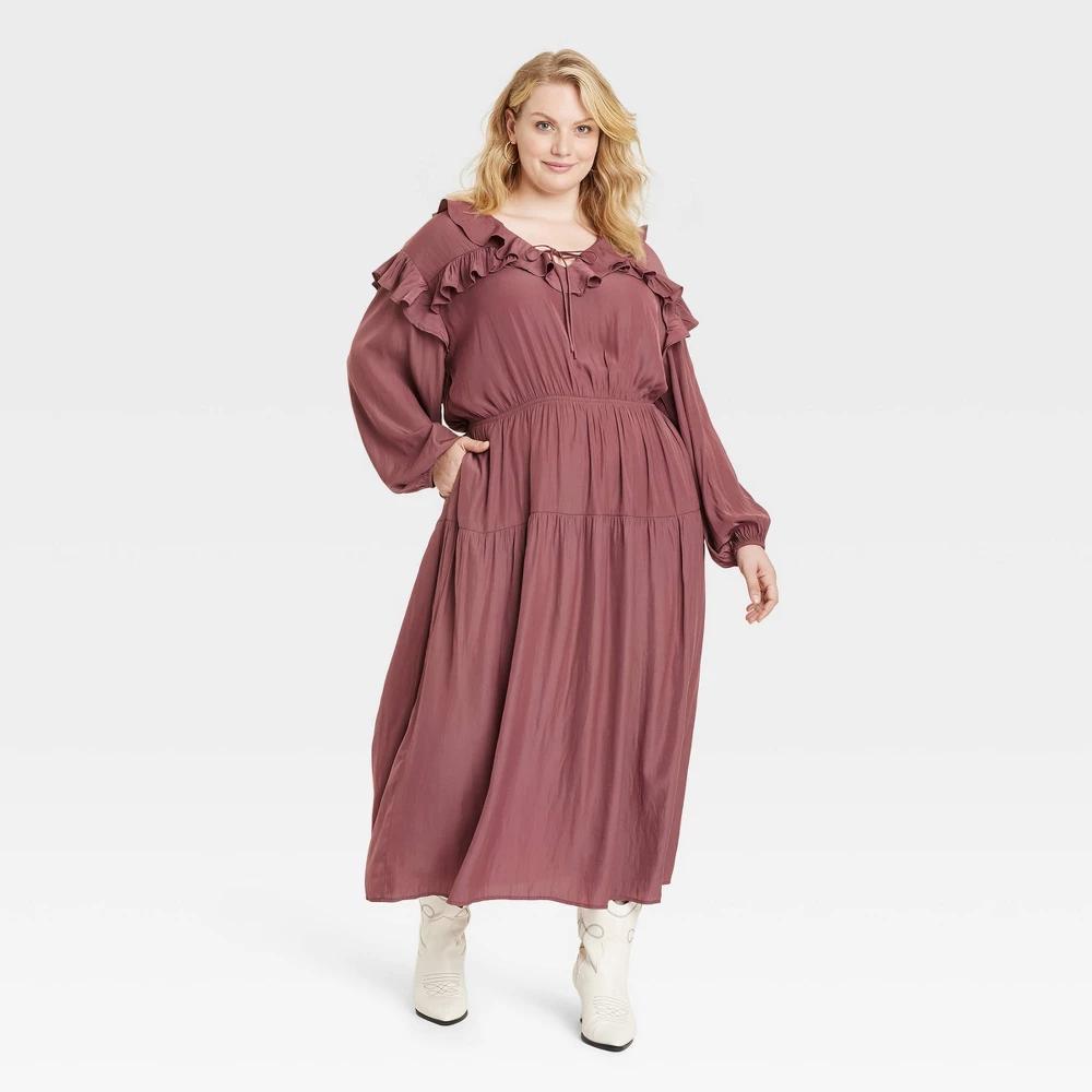 Womens Long Sleeve Ruffle Maxi A-Line Dress - Universal Thread Dark Mauve 2X Product Image