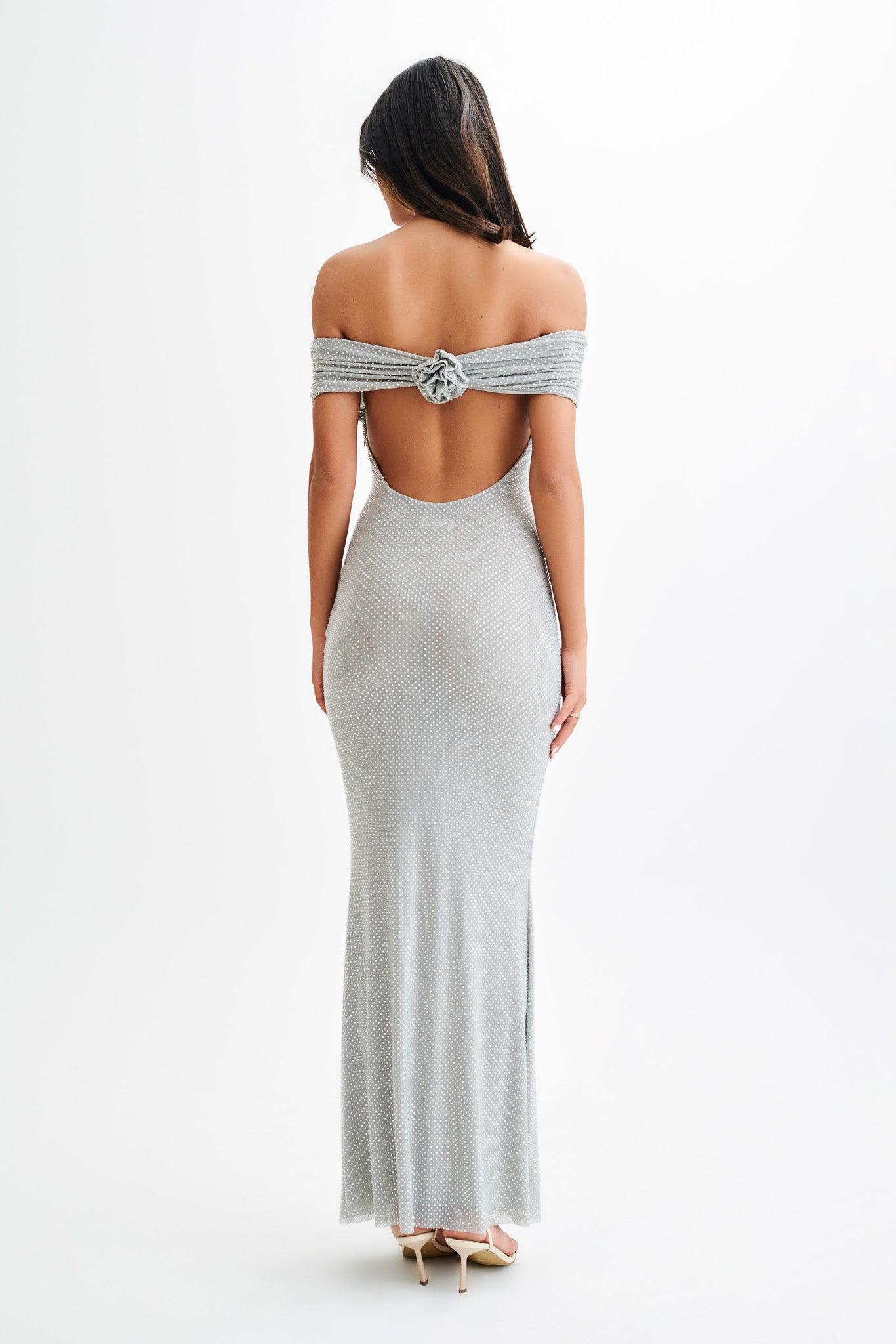 Arna Off Shoulder Diamante Maxi Dress - Silver Product Image