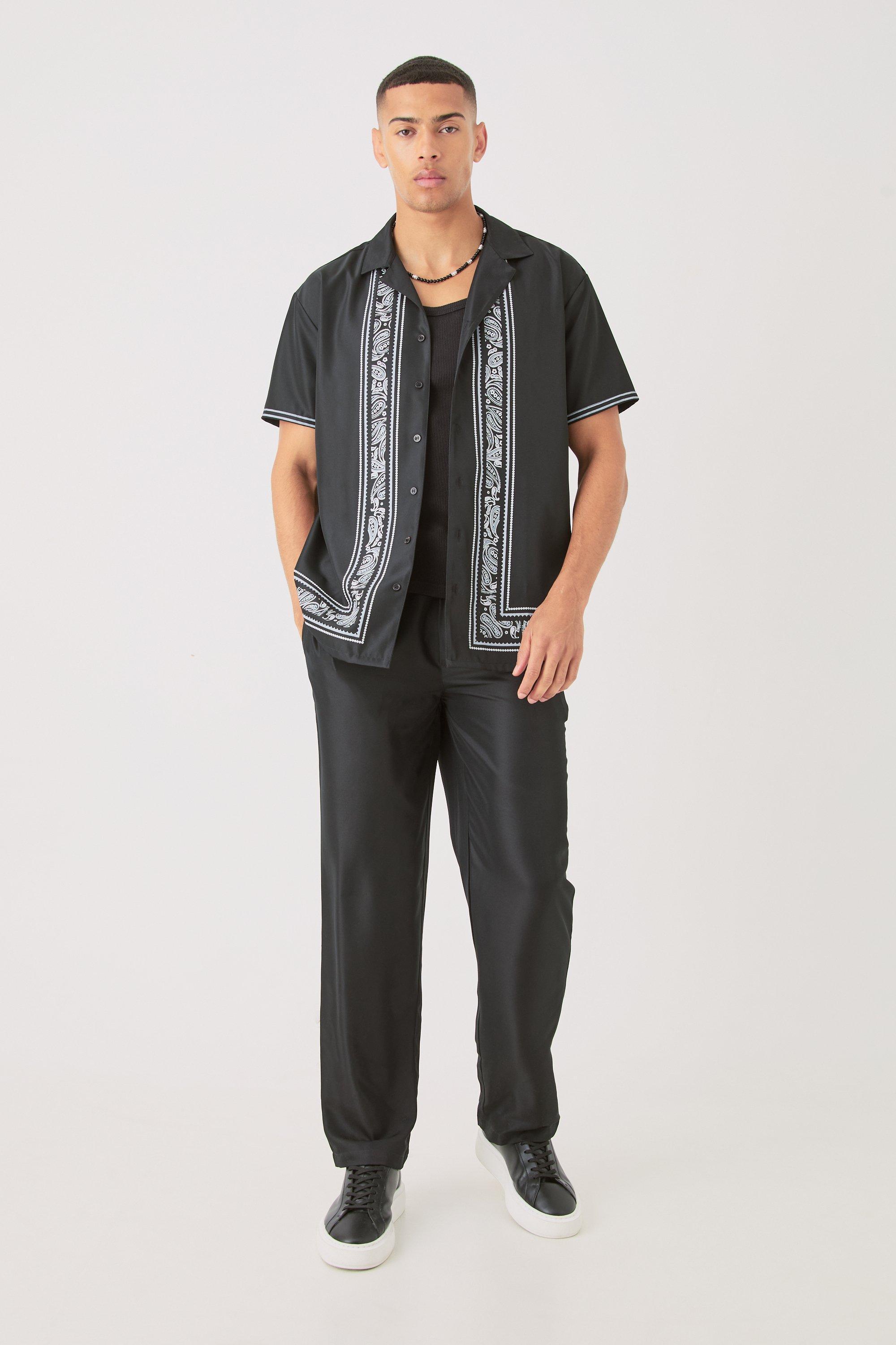 Mens Black Soft Twill Oversized Border Shirt & Trouser Set, Black Product Image