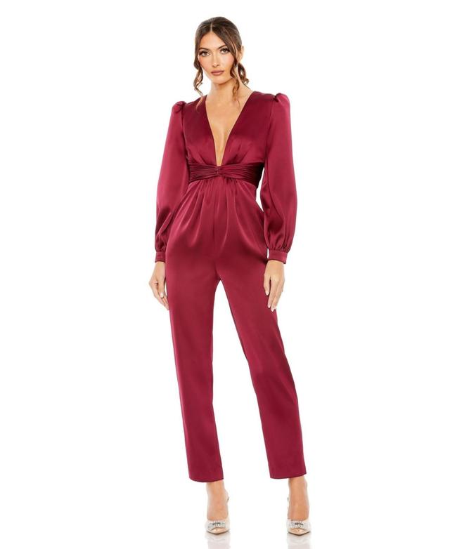 Mac Duggal Plunge Neck Long Sleeve Satin Jumpsuit Product Image