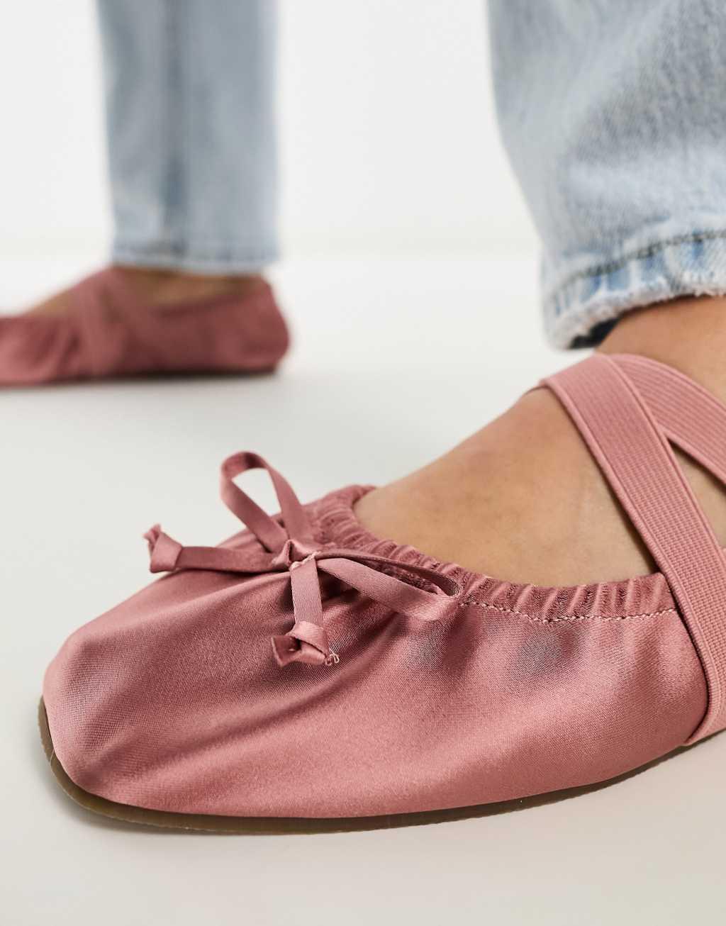 ASOS DESIGN Los Angeles ruched ballet flat in rose satin Product Image