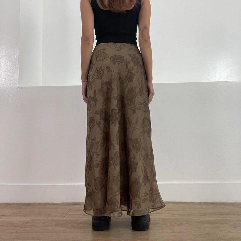 High Waist Floral Mesh Maxi A-Line Skirt Product Image