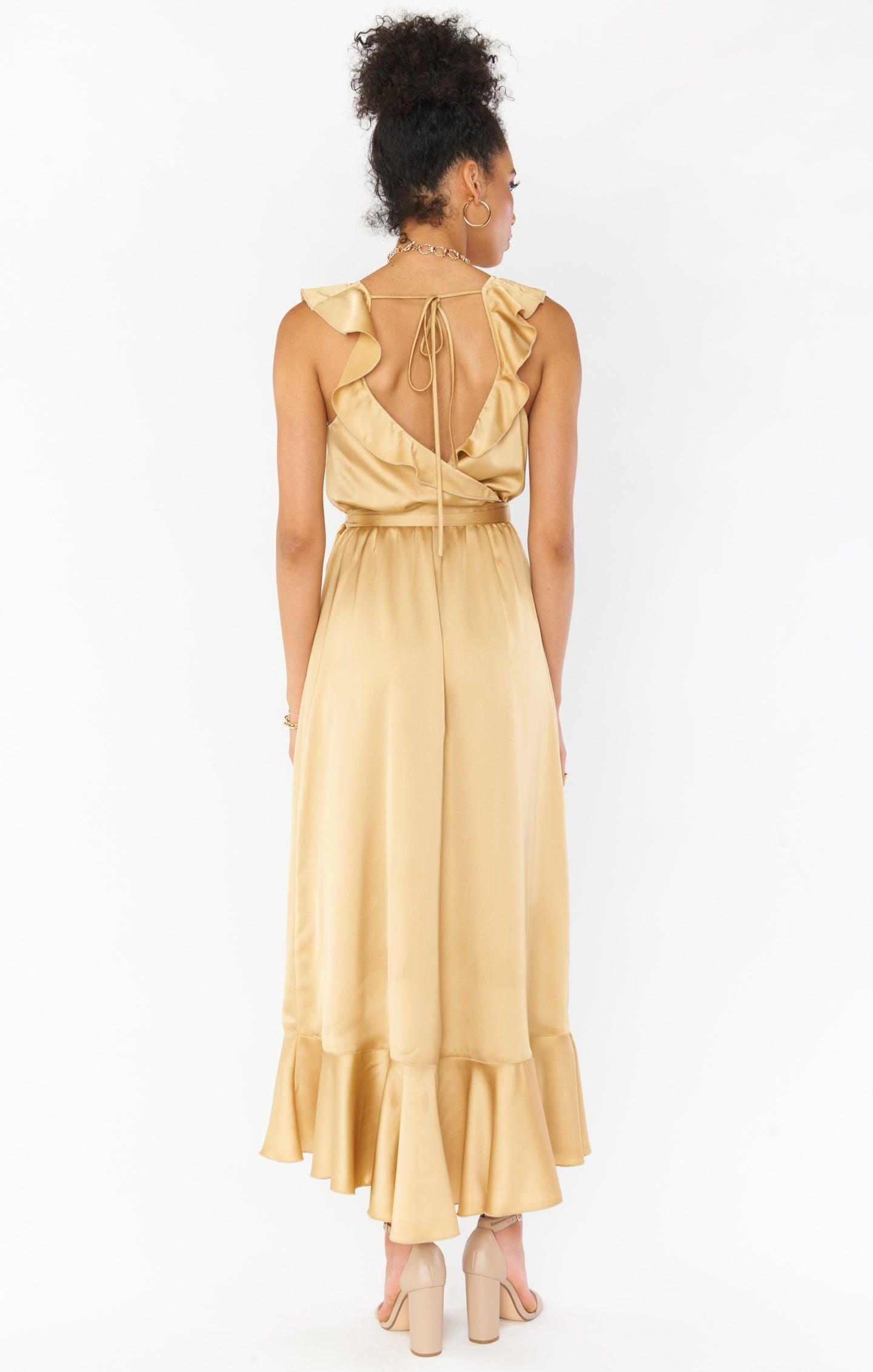 Samantha Ruffle Wrap Dress ~ True Gold Luxe Satin Product Image