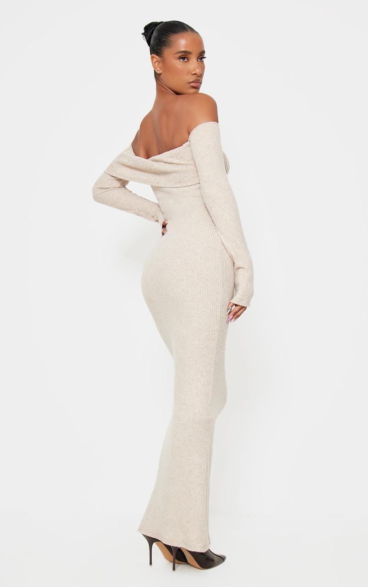 Oatmeal Brushed Rib Bardot Maxi Dress Product Image