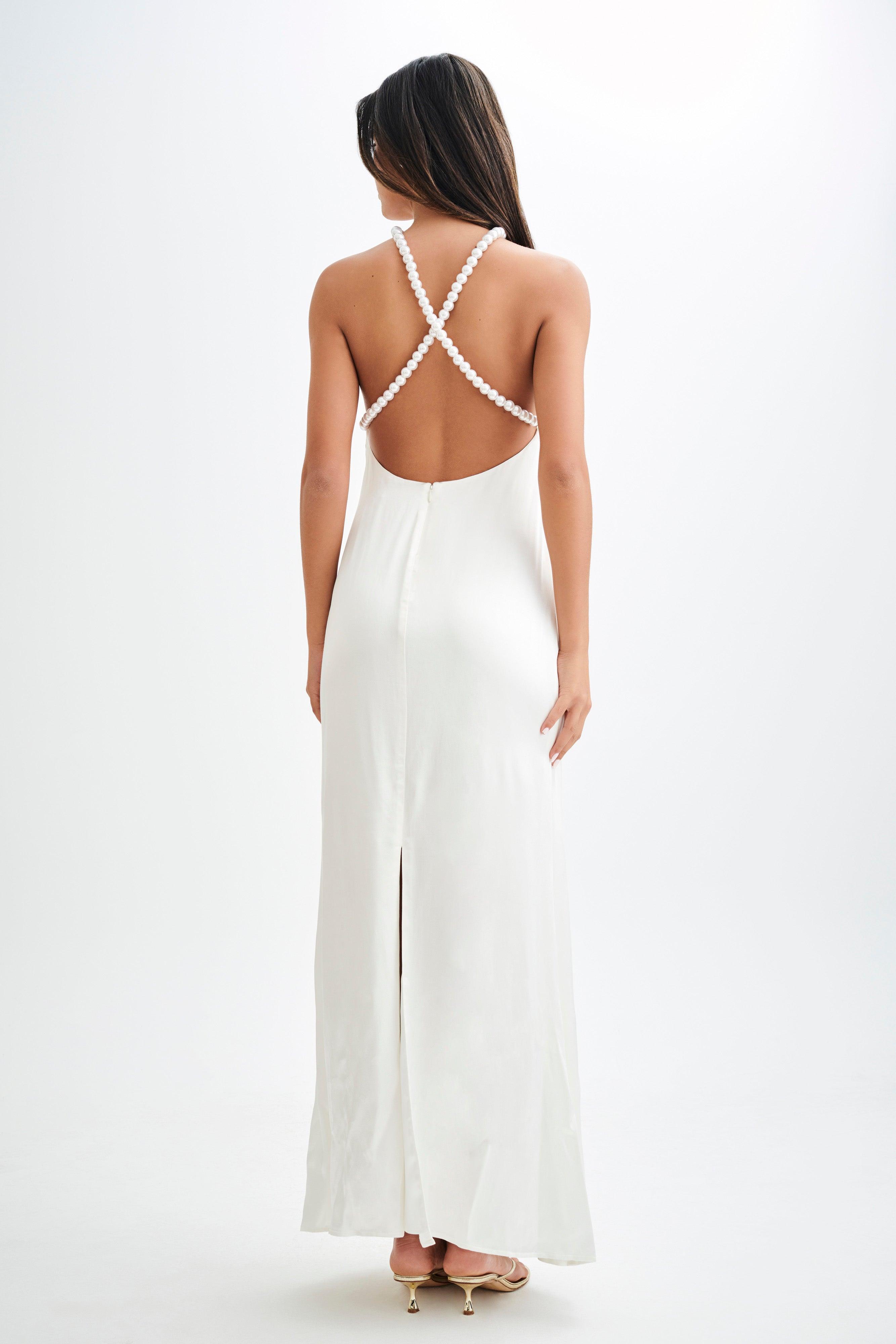 Blanche Satin Pearl Halter Maxi Dress - White Product Image