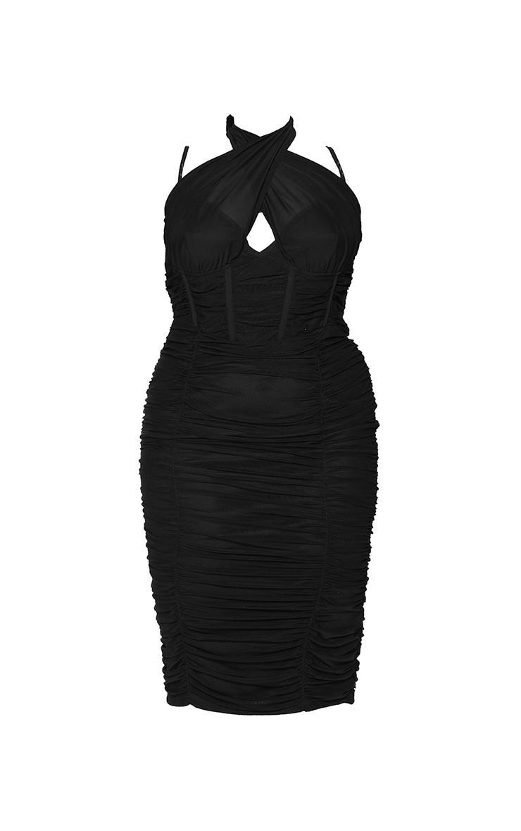 Plus Black Mesh Cross Front Corset Detail Midi Dress Product Image