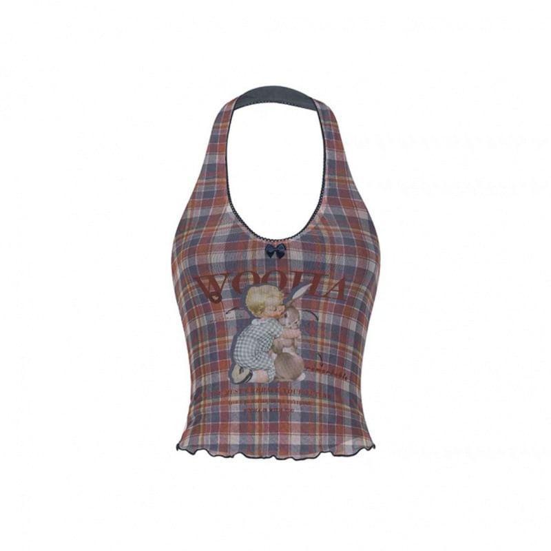 Halter Neck Plaid Graphic Print Slim-Fit Crop Tank Top Product Image