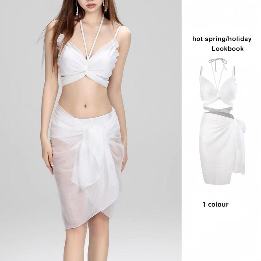 Set: Halter Plain Twist Bikini Top + Bottom + Cover Up Skirt Product Image