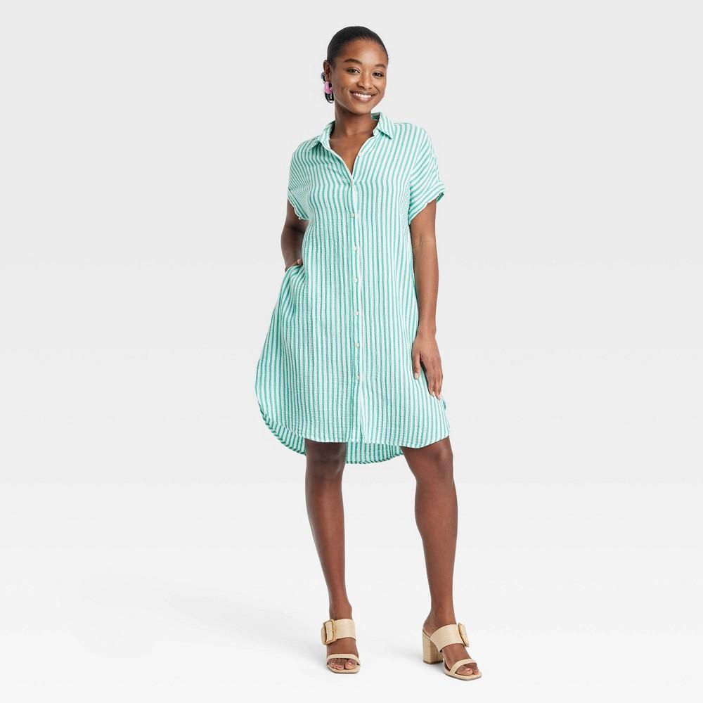 Women's Short Sleeve Mini Shirtdress - Universal Thread™ Green Striped XL Product Image