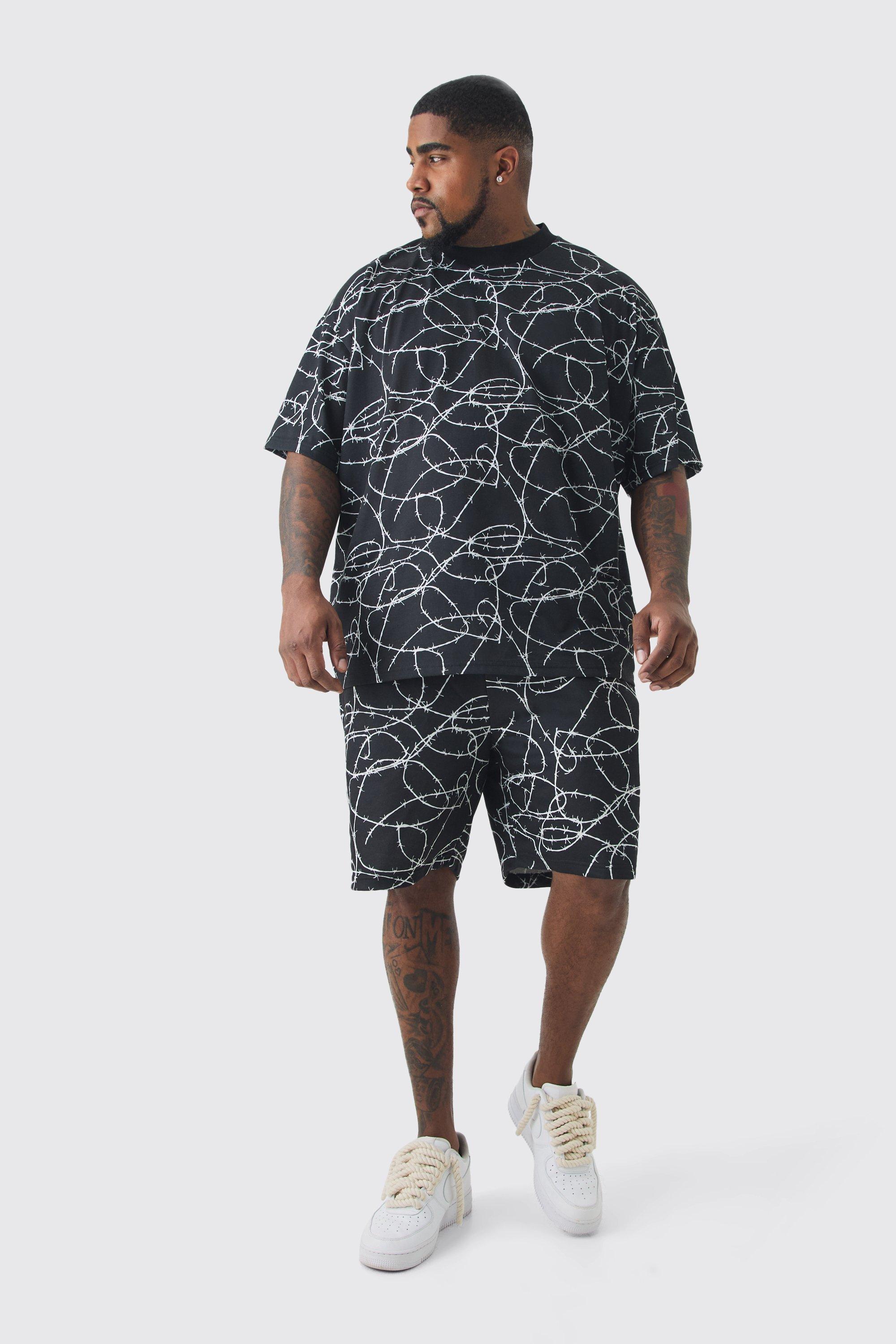 Plus Oversized Extended Neck Barbwire T-shirt & Short Set | boohooMAN USA Product Image