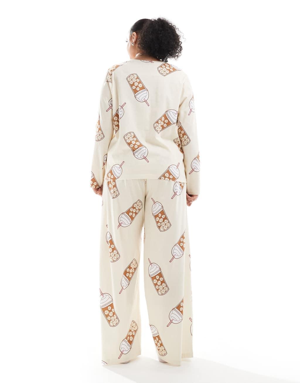 ASOS DESIGN Curve iced coffee long sleeve top and pants pajama set in beige Product Image